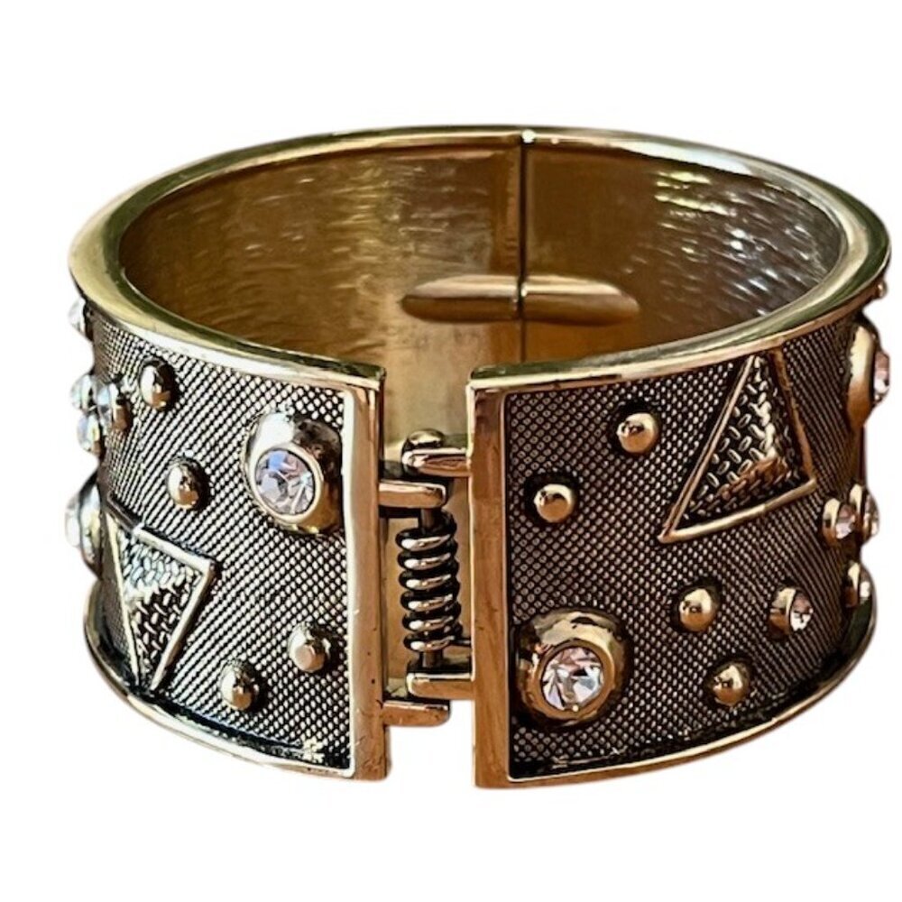 Gold Tone Cuff Rhinestone Geometric Pattern Spring Hinged Statement Bracelet - Picture 3 of 9